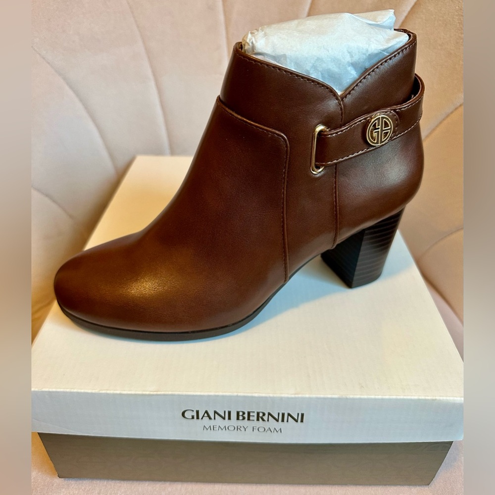 Giani Bernini Chocolate Brown Leather Ankle Bootie with Logo Accent